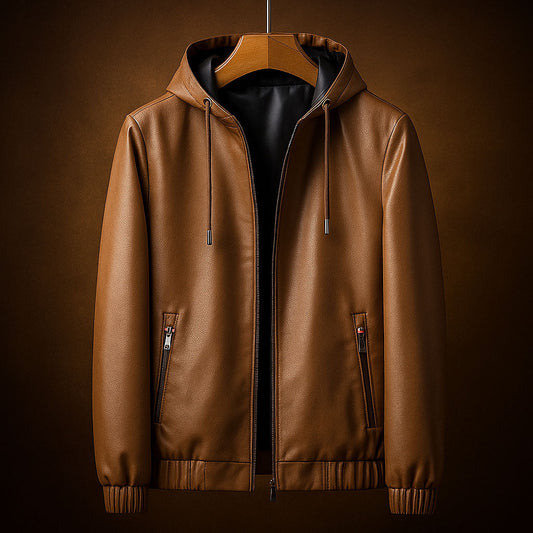 Gentrobe Leather Jacket with Hood - Stylish Zip-Up Outerwear